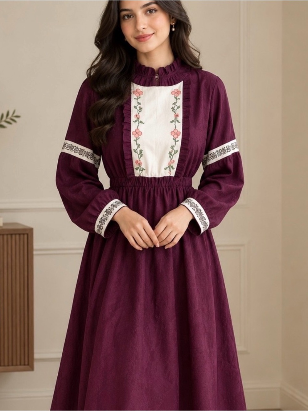 Classic Embroidered Long Sleeve Midi Dress - Plum small